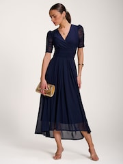 Jolie Moi Blue Mesh Ruched Sleeve Maxi Dress - Image 1 of 6