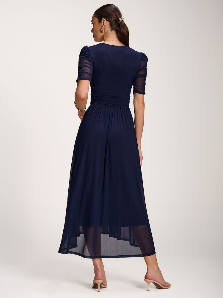 Jolie Moi Blue Mesh Ruched Sleeve Maxi Dress - Image 2 of 6 Jolie Moi Blue Mesh Ruched Sleeve Maxi Dress - Image 2 of 6