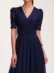 Jolie Moi Blue Mesh Ruched Sleeve Maxi Dress - Image 3 of 6