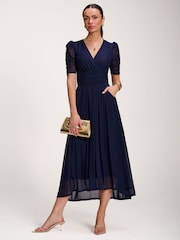 Jolie Moi Blue Mesh Ruched Sleeve Maxi Dress - Image 4 of 6