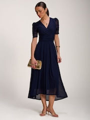 Jolie Moi Blue Mesh Ruched Sleeve Maxi Dress - Image 5 of 6