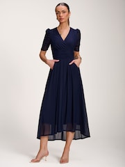 Jolie Moi Blue Mesh Ruched Sleeve Maxi Dress - Image 6 of 6