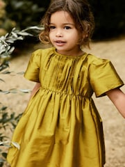 Olive Green Pleat Detail Short Sleeve Taffeta Dress (3mths-10yrs) - Image 1 of 9