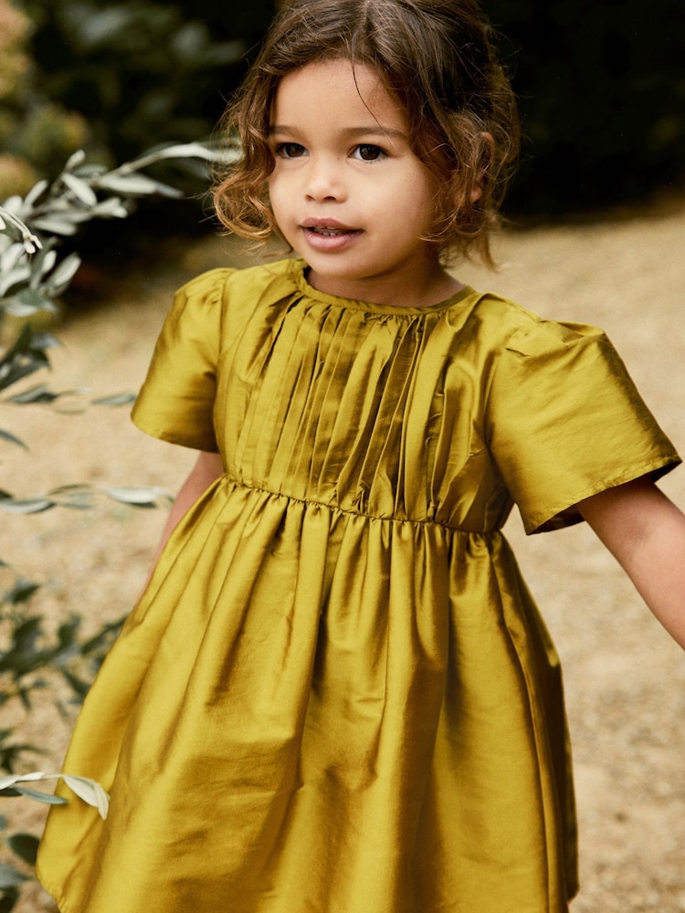 Olive Green Pleat Detail Short Sleeve Taffeta Dress (3mths-10yrs) - Image 1 of 9