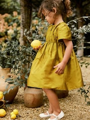 Olive Green Pleat Detail Short Sleeve Taffeta Dress (3mths-10yrs) - Image 2 of 9