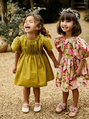 Olive Green Pleat Detail Short Sleeve Taffeta Dress (3mths-10yrs) - Image 3 of 9