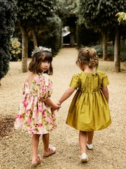 Olive Green Pleat Detail Short Sleeve Taffeta Dress (3mths-10yrs) - Image 4 of 9