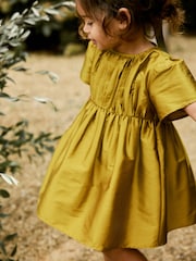 Olive Green Pleat Detail Short Sleeve Taffeta Dress (3mths-10yrs) - Image 5 of 9