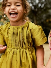 Olive Green Pleat Detail Short Sleeve Taffeta Dress (3mths-10yrs) - Image 6 of 9