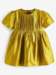 Olive Green Pleat Detail Short Sleeve Taffeta Dress (3mths-10yrs) - Image 7 of 9