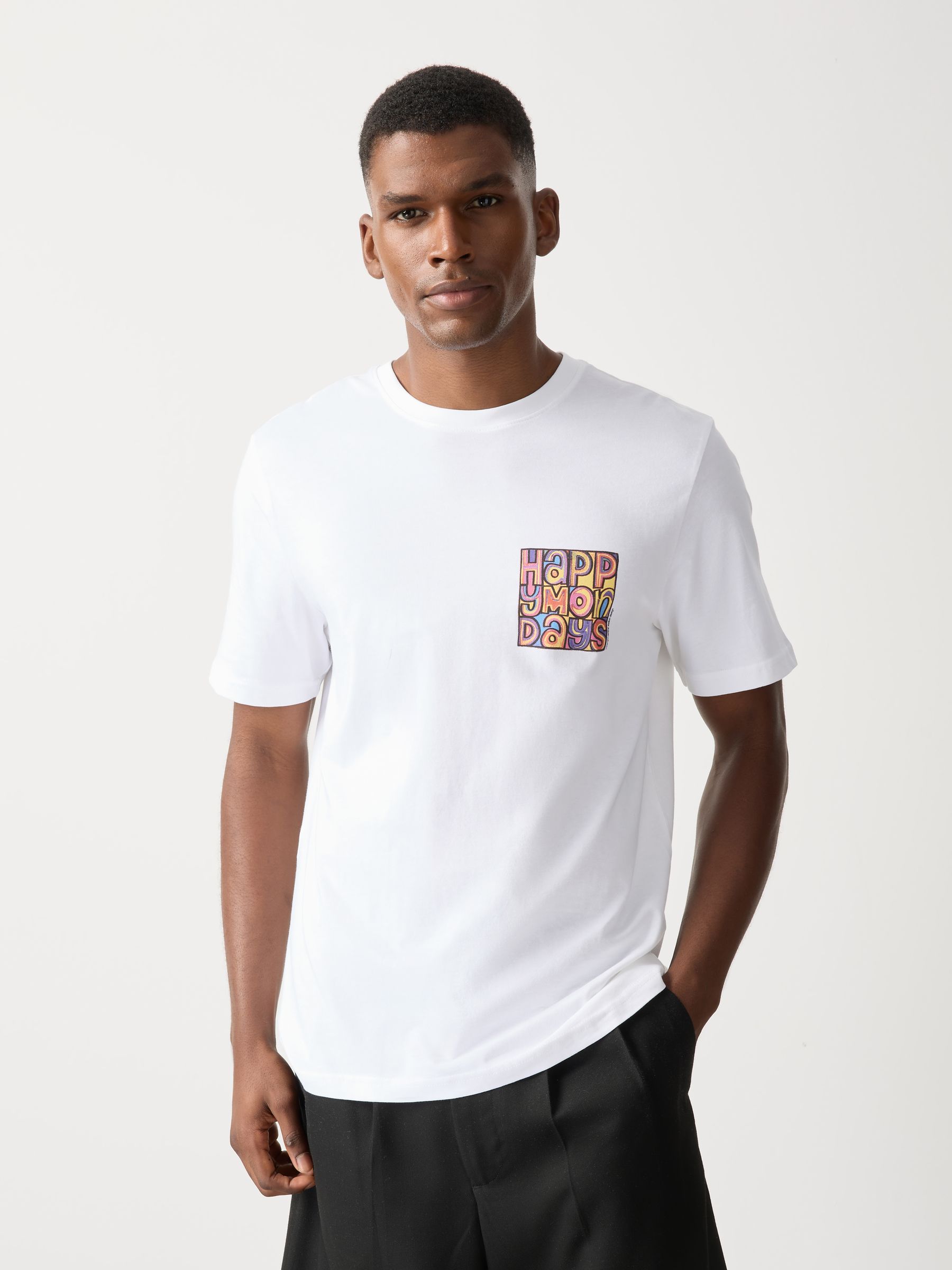 Mondayです。 Buy White Happy Monday Regular Fit Band Graphic Print T-Shirt from