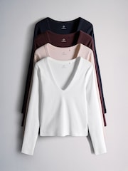 The Set 4 Pack Long Sleeve Ribbed V-Neck T-Shirts Dark Navy/Plum/Pink/White - Image 1 of 7