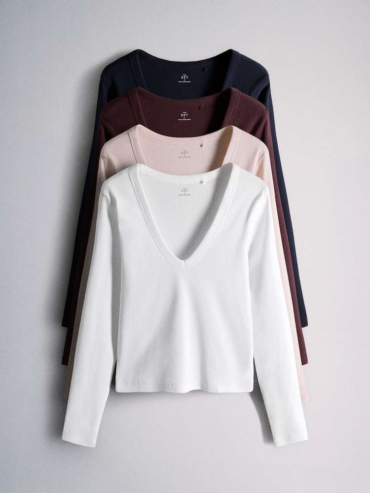 The Set 4 Pack Long Sleeve Ribbed V-Neck T-Shirts Dark Navy/Plum/Pink/White - Image 1 of 7