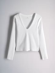 The Set 4 Pack Long Sleeve Ribbed V-Neck T-Shirts Dark Navy/Plum/Pink/White - Image 4 of 7