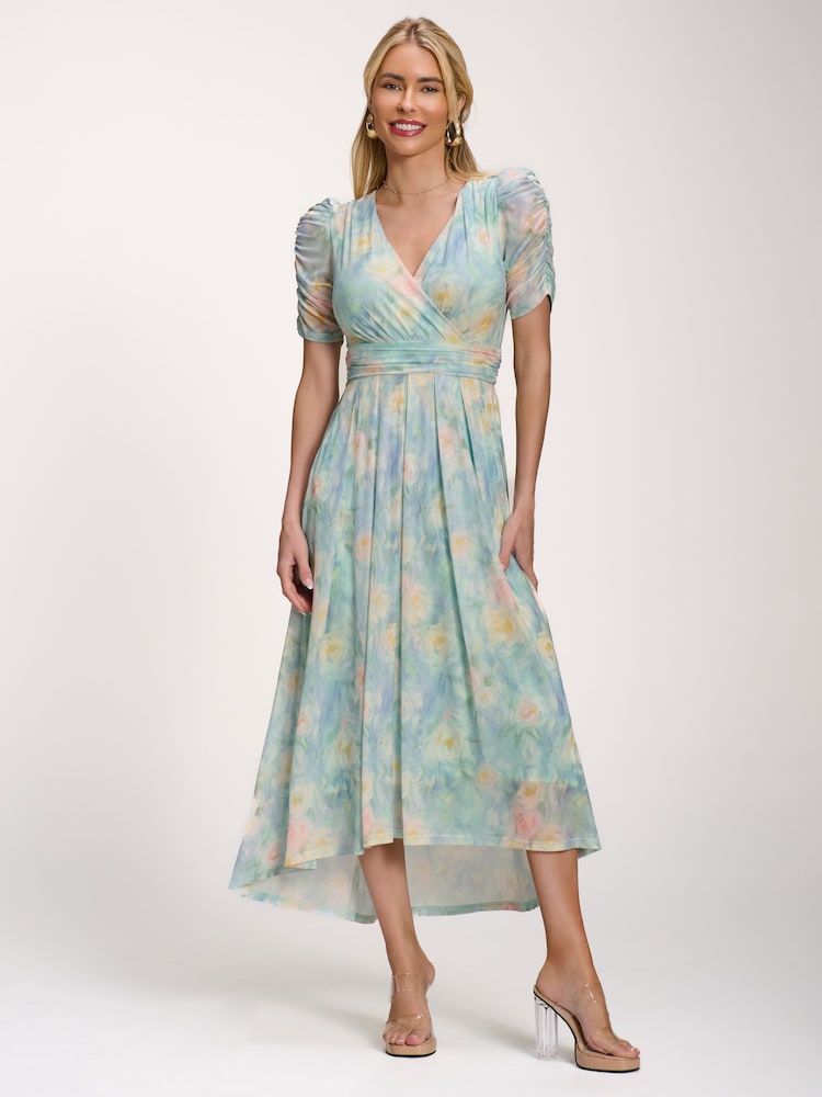 Jolie Moi Green Petite Mesh Print Dip Hem Maxi Dress - Image 1 of 6 Jolie Moi Green Petite Mesh Print Dip Hem Maxi Dress - Image 1 of 6