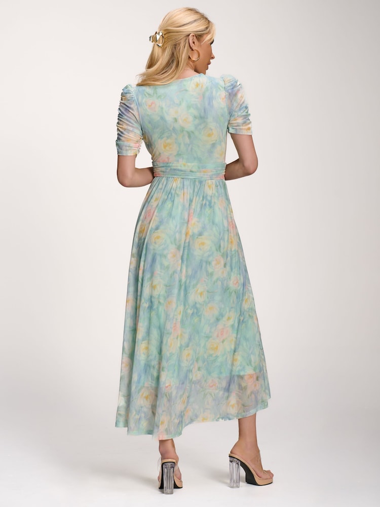 Jolie Moi Green Petite Mesh Print Dip Hem Maxi Dress - Image 2 of 6 Jolie Moi Green Petite Mesh Print Dip Hem Maxi Dress - Image 2 of 6