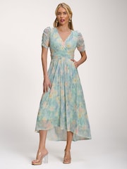 Jolie Moi Green Petite Mesh Print Dip Hem Maxi Dress - Image 5 of 6