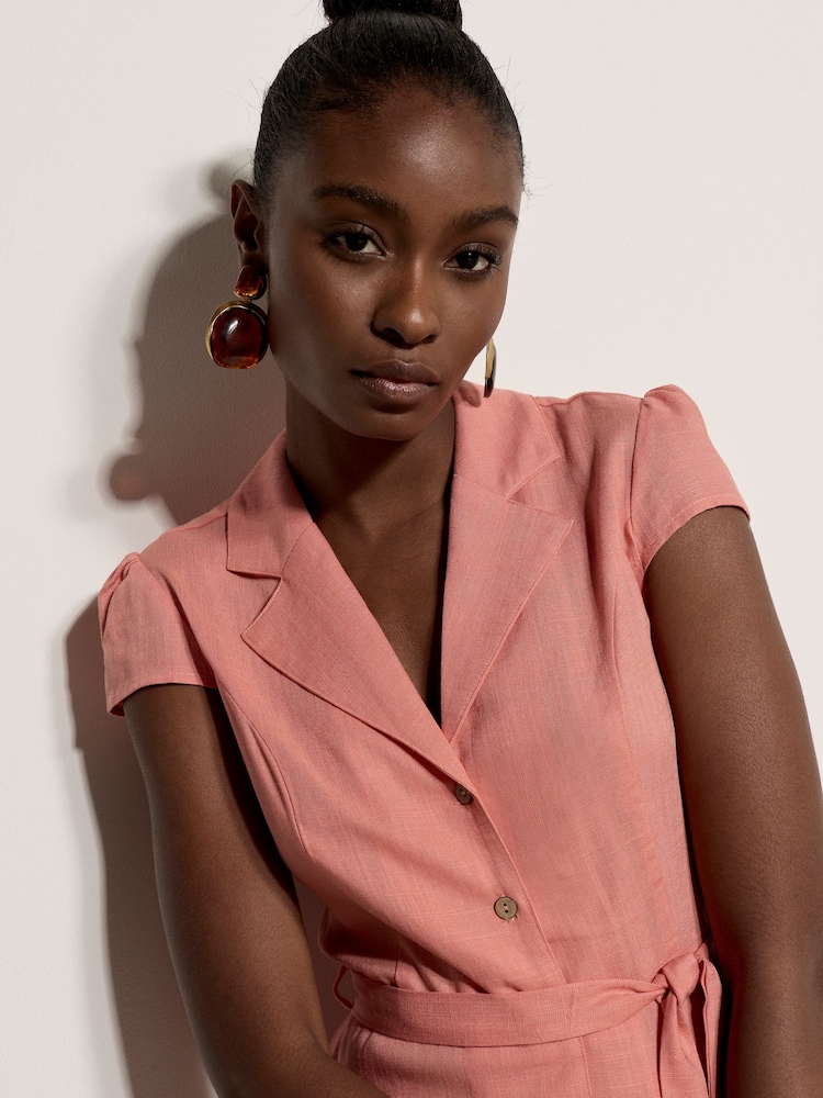 Apricot Pink Linen Blend Shirt Mini Dress - Image 2 of 3 Apricot Pink Linen Blend Shirt Mini Dress - Image 2 of 3