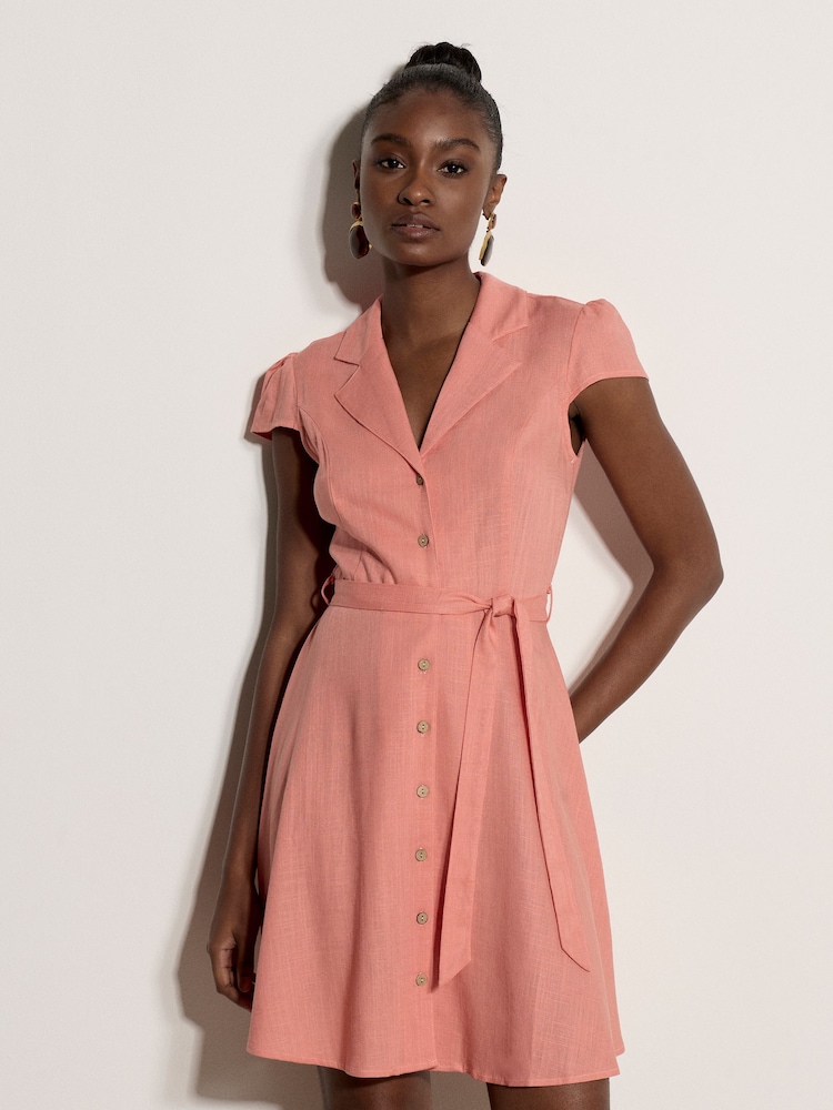 Apricot Pink Linen Blend Shirt Mini Dress - Image 3 of 3 Apricot Pink Linen Blend Shirt Mini Dress - Image 3 of 3