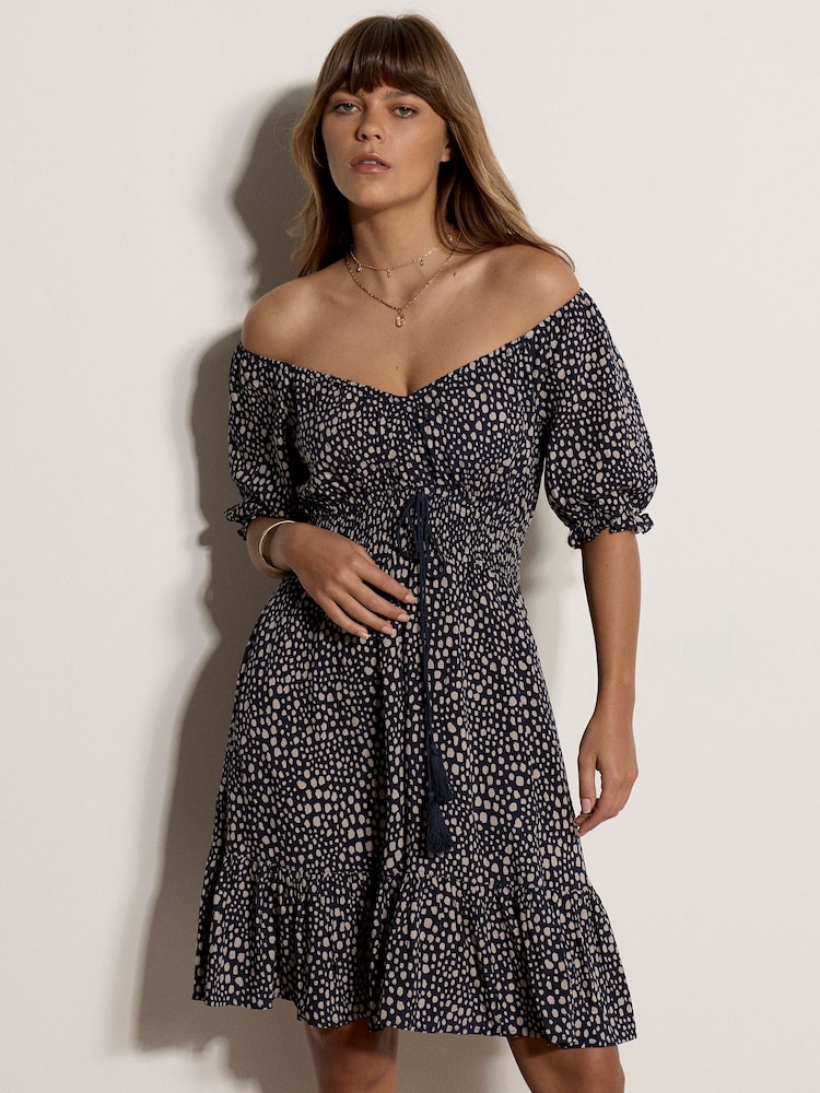 Apricot Blue Irregular Spot Bardot Mini Dress - Image 1 of 4 Apricot Blue Irregular Spot Bardot Mini Dress - Image 1 of 4