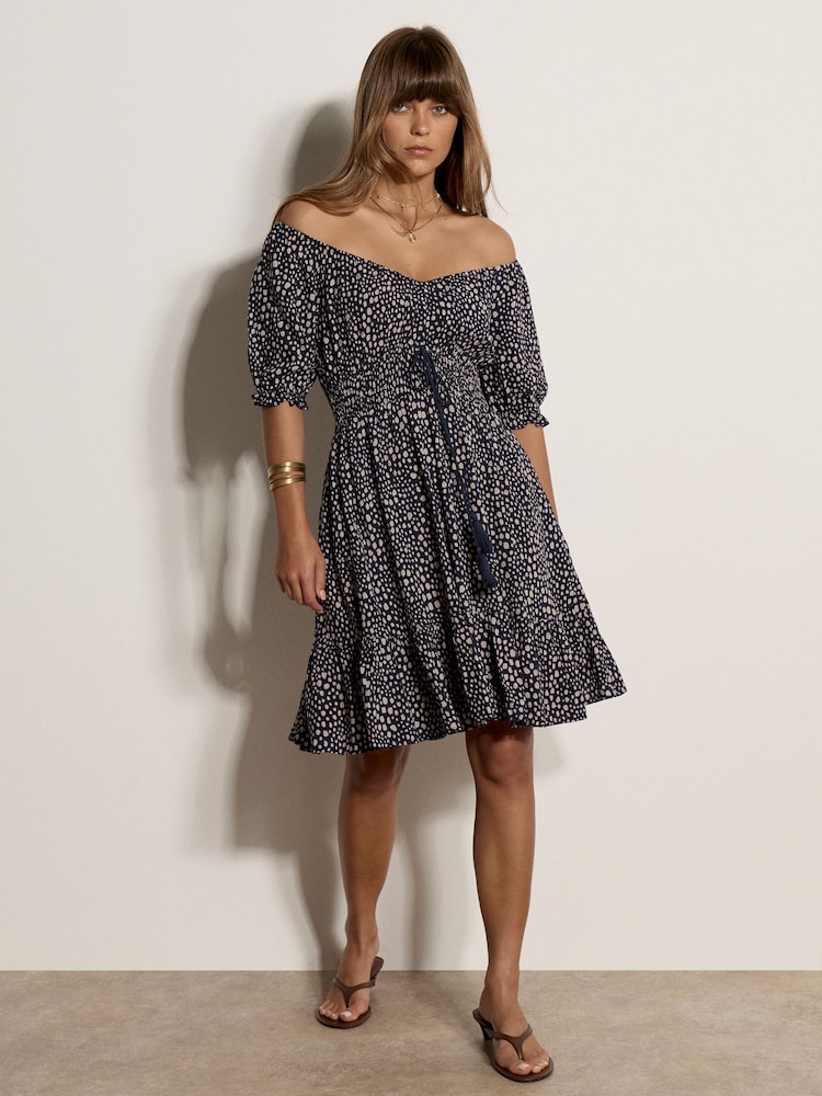 Apricot Blue Irregular Spot Bardot Mini Dress - Image 2 of 4 Apricot Blue Irregular Spot Bardot Mini Dress - Image 2 of 4