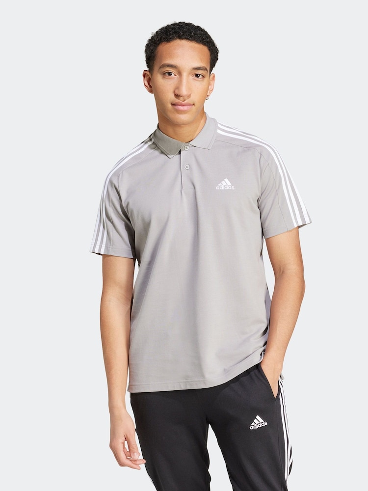 adidas Grey Essentials Piqué Embroidered Small Logo 3-Stripes 100% Cotton Polo Shirt - Image 1 of 6