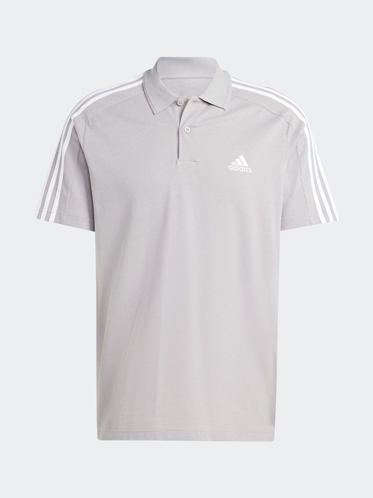 adidas Grey Essentials Piqué Embroidered Small Logo 3-Stripes 100% Cotton Polo Shirt - Image 6 of 6