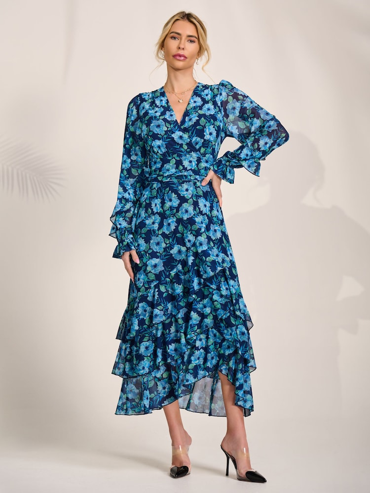 Jolie Moi Blue Frill Detail Mesh Maxi Dress - Image 1 of 6 Jolie Moi Blue Frill Detail Mesh Maxi Dress - Image 1 of 6