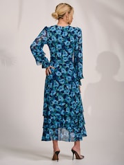 Jolie Moi Blue Frill Detail Mesh Maxi Dress - Image 2 of 6