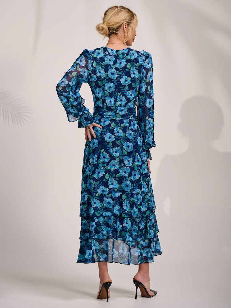 Jolie Moi Blue Frill Detail Mesh Maxi Dress - Image 2 of 6 Jolie Moi Blue Frill Detail Mesh Maxi Dress - Image 2 of 6