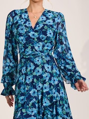 Jolie Moi Blue Frill Detail Mesh Maxi Dress - Image 3 of 6