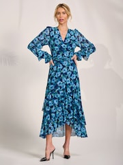 Jolie Moi Blue Frill Detail Mesh Maxi Dress - Image 4 of 6