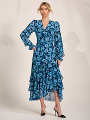 Jolie Moi Blue Frill Detail Mesh Maxi Dress - Image 5 of 6