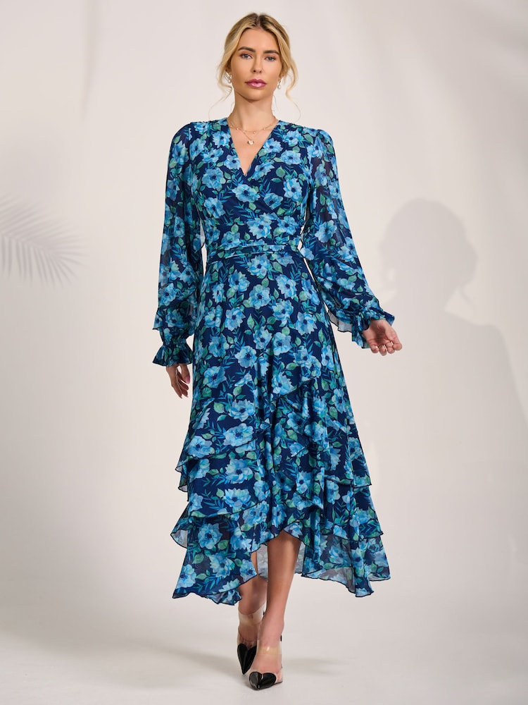 Jolie Moi Blue Frill Detail Mesh Maxi Dress - Image 6 of 6 Jolie Moi Blue Frill Detail Mesh Maxi Dress - Image 6 of 6