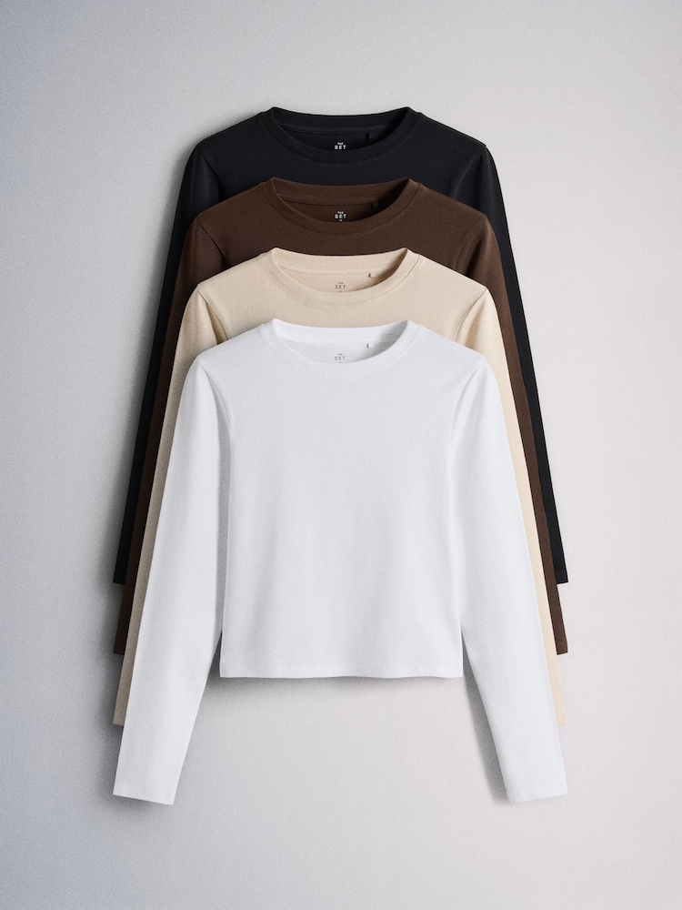 The Set 4 Pack Long Sleeve Skinny Fit Cropped T-Shirts Neutral - Image 1 of 7
