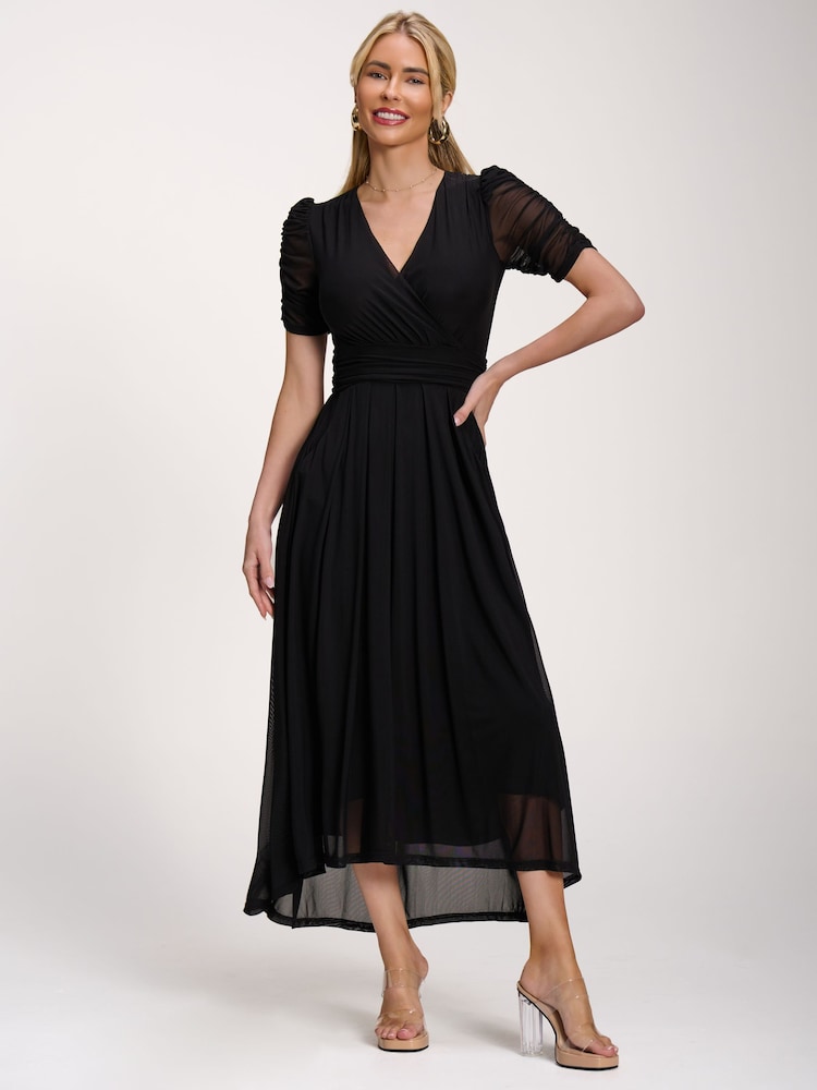 Jolie Moi Black Petite Mesh Ruched Sleeve Maxi Dress - Image 1 of 6 Jolie Moi Black Petite Mesh Ruched Sleeve Maxi Dress - Image 1 of 6