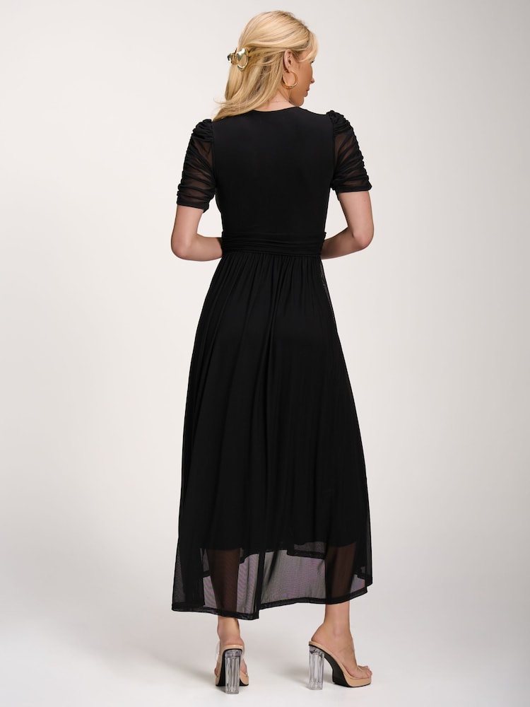 Jolie Moi Black Petite Mesh Ruched Sleeve Maxi Dress - Image 2 of 6 Jolie Moi Black Petite Mesh Ruched Sleeve Maxi Dress - Image 2 of 6