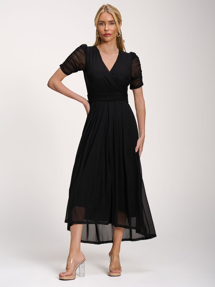 Jolie Moi Black Petite Mesh Ruched Sleeve Maxi Dress - Image 6 of 6 Jolie Moi Black Petite Mesh Ruched Sleeve Maxi Dress - Image 6 of 6