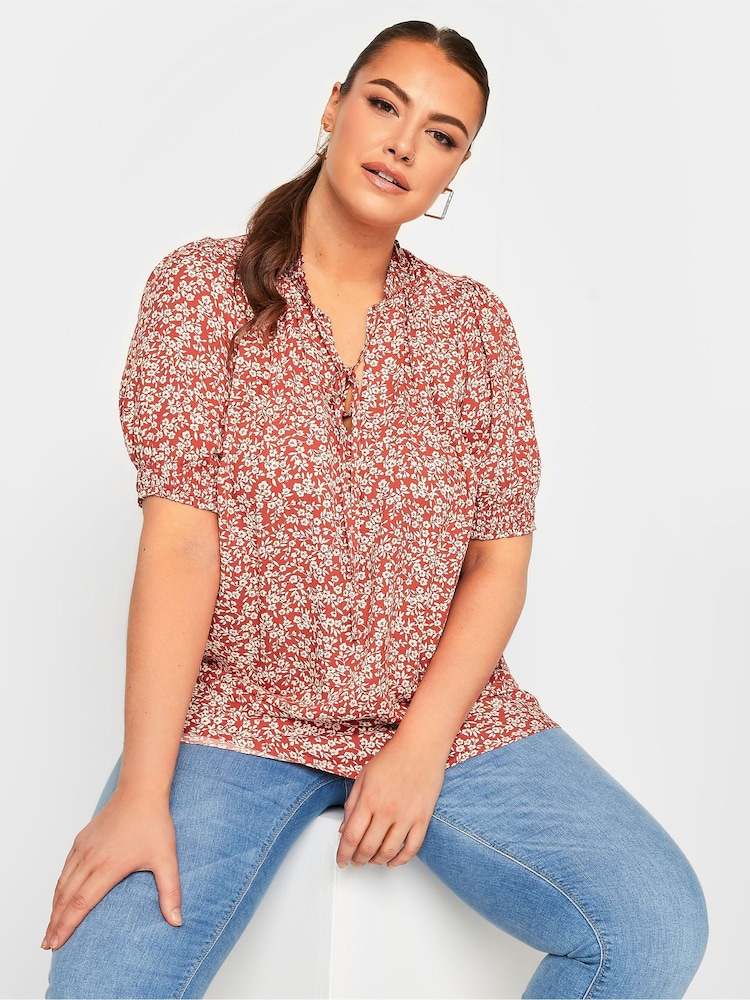 Yours Curve Red Floral Print Tie Neck Blouse - Image 1 of 4