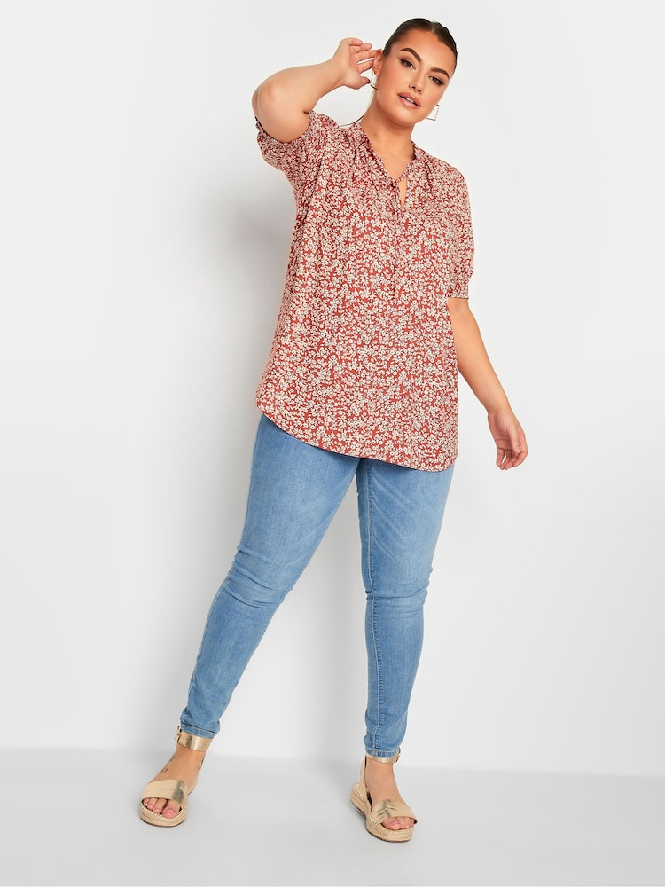 Yours Curve Red Floral Print Tie Neck Blouse - Image 2 of 4