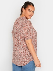 Yours Curve Red Floral Print Tie Neck Blouse - Image 3 of 4