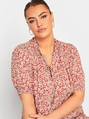 Yours Curve Red Floral Print Tie Neck Blouse - Image 4 of 4