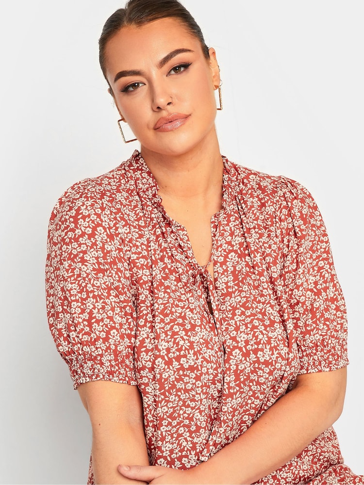 Yours Curve Red Floral Print Tie Neck Blouse - Image 4 of 4