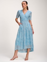 Jolie Moi Light Blue Printed Mesh Dip Hem Maxi Dress - Image 1 of 6