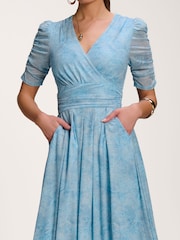 Jolie Moi Light Blue Printed Mesh Dip Hem Maxi Dress - Image 3 of 6