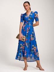 Jolie Moi Blue Floral Print Mesh Maxi Dress - Image 1 of 6