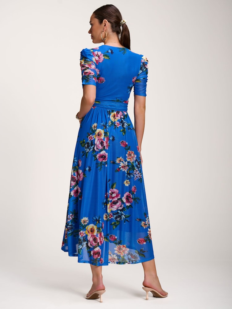 Jolie Moi Blue Floral Print Mesh Maxi Dress - Image 2 of 6 Jolie Moi Blue Floral Print Mesh Maxi Dress - Image 2 of 6