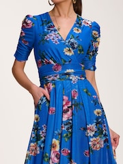 Jolie Moi Blue Floral Print Mesh Maxi Dress - Image 3 of 6