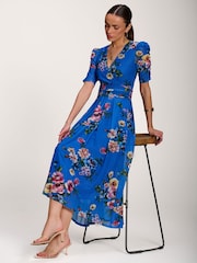 Jolie Moi Blue Floral Print Mesh Maxi Dress - Image 4 of 6