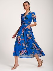 Jolie Moi Blue Floral Print Mesh Maxi Dress - Image 5 of 6